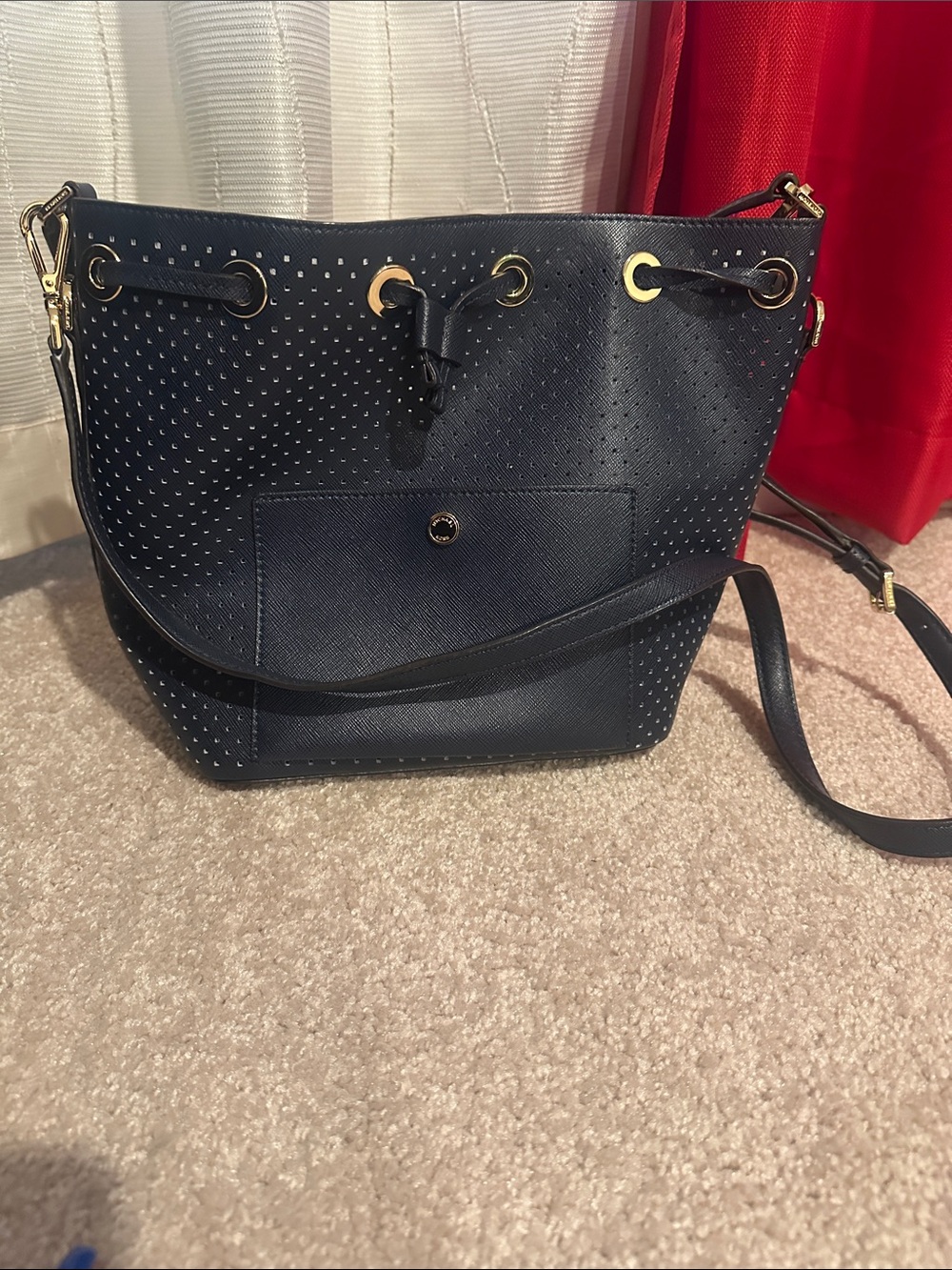 Micheal Kors Navy Perforated Drawstring Bucket Bag